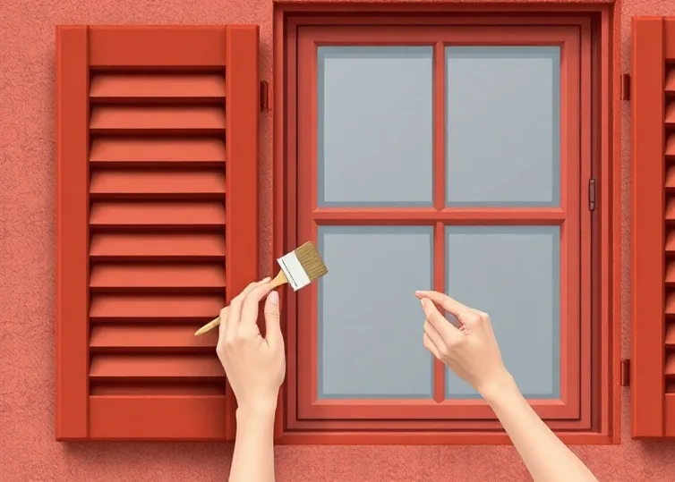 Mise en peinture au pinceau de volets et d'encadrements en bois