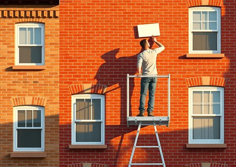 Peintre sur échafaudage traitant la façade d'une maison